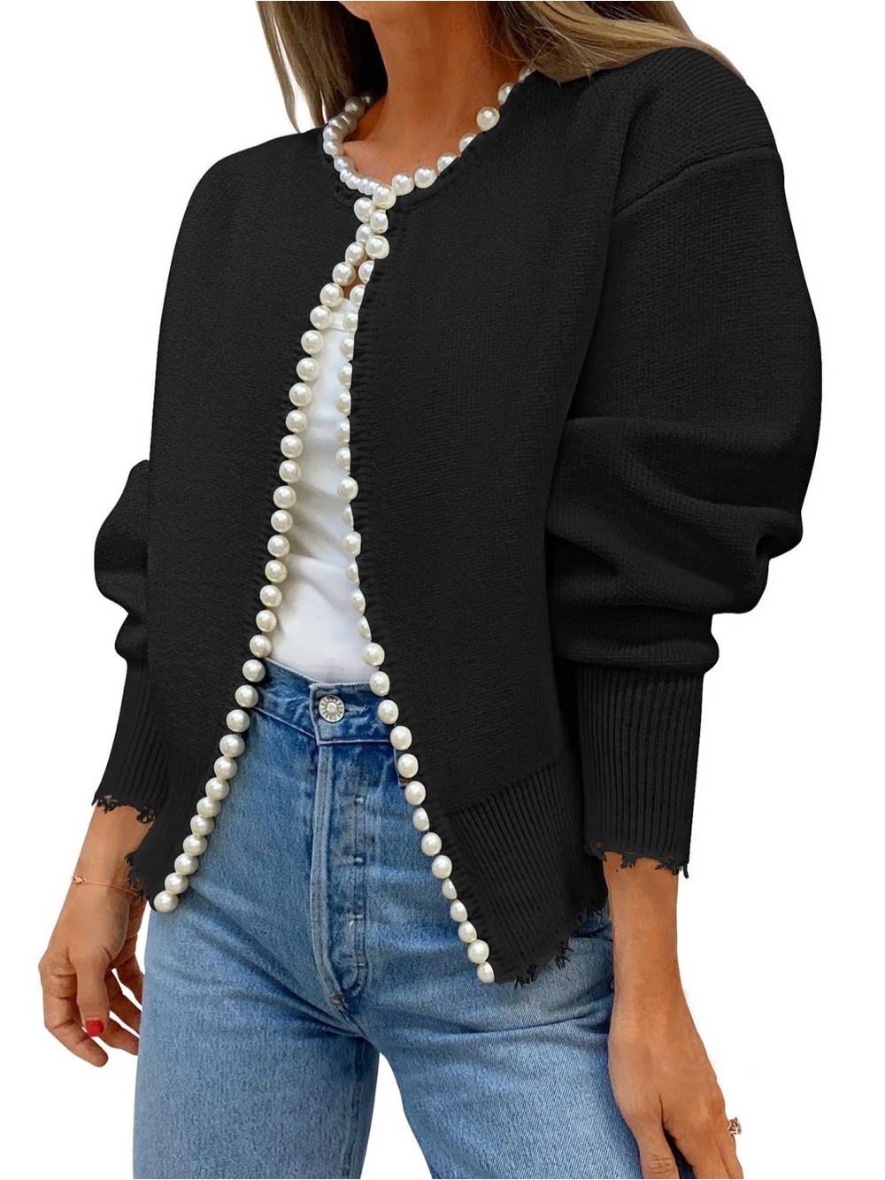 Zesica Black Pearl-Trim Knit Cardigan